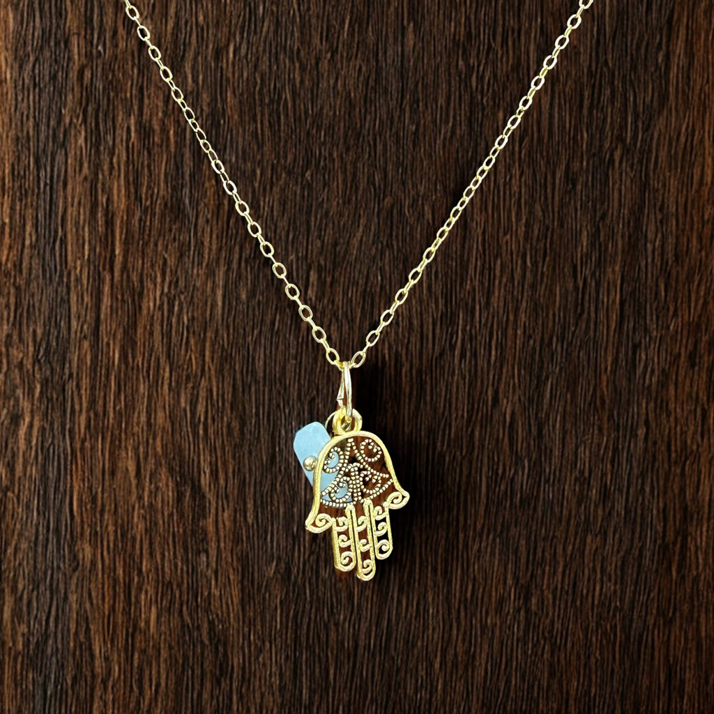 Hamsa Hand + Aquamarine Gold Pendant Necklace