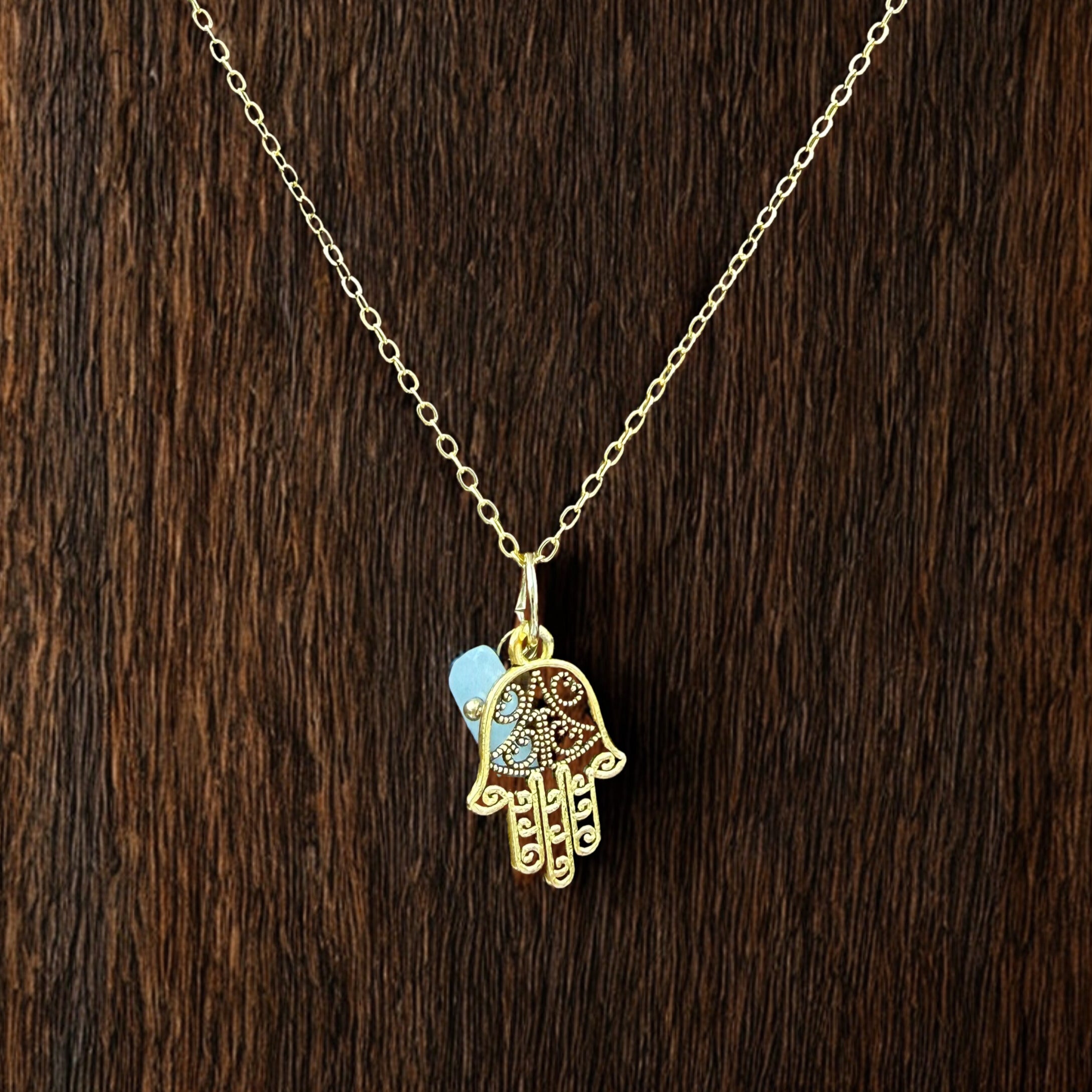 Hamsa Hand + Aquamarine Gold Pendant Necklace