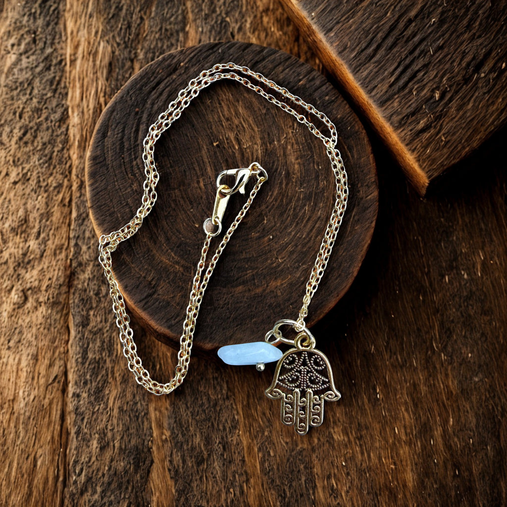 Hamsa Hand + Aquamarine Gold Pendant Necklace